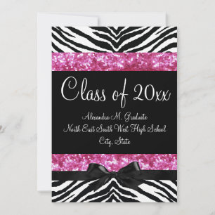 Pink Glitter Zebra Bow Graduation Invite
