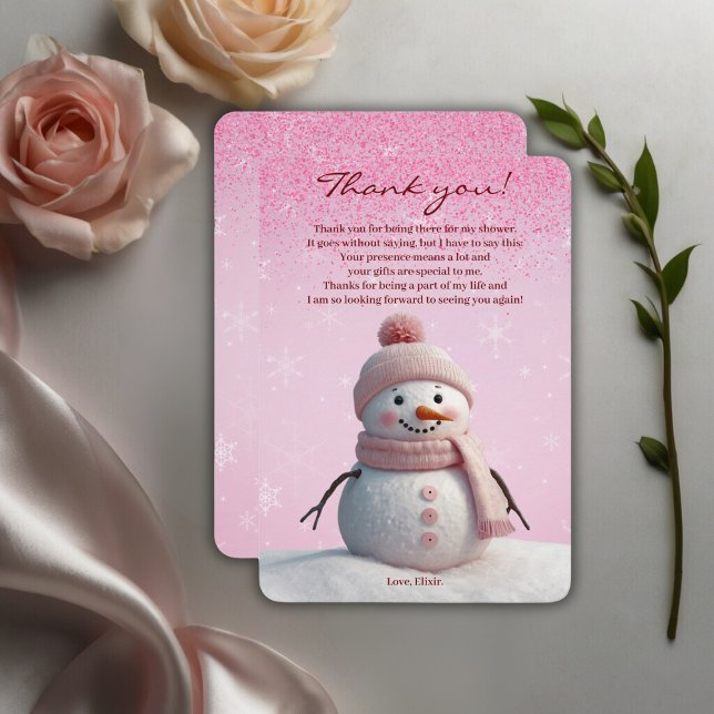 Pink Glitters Winter Snowman Baby Shower Thank You Card (Creator Uploaded)