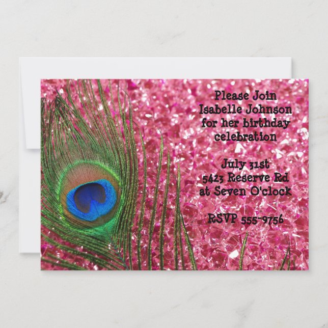 Pink Glittery Rocks Peacock Birthday Invitation (Front)
