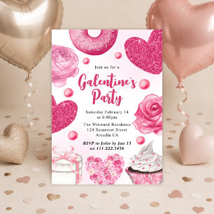 Pink & Glittery Roses & Cupcakes Galentine’s Day Invitation