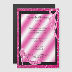 Pink Glittery Stiletto & Streamers 55th Birthday Magnetic Invitation