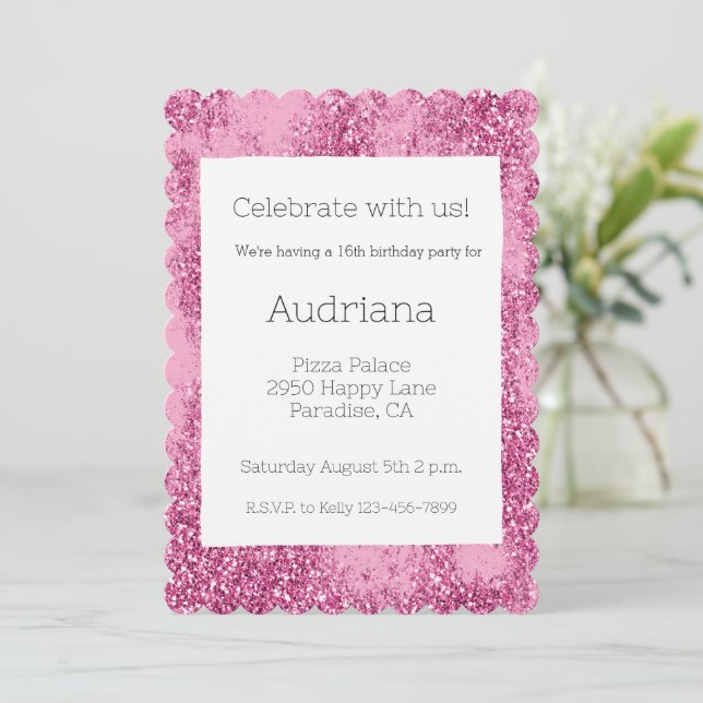Pink Glitz Glitter Sparkle 16th Birthday Invitation (Standing Front)
