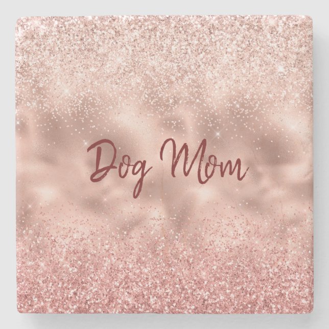 Pink Glitzy Sparkle Glitter Dog Mum Stone Coaster (Front)