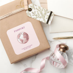 Pink Globe Passport Travel Baby Shower Square Sticker