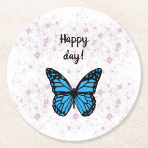pink glossy stars with blue butterfly round paper coaster