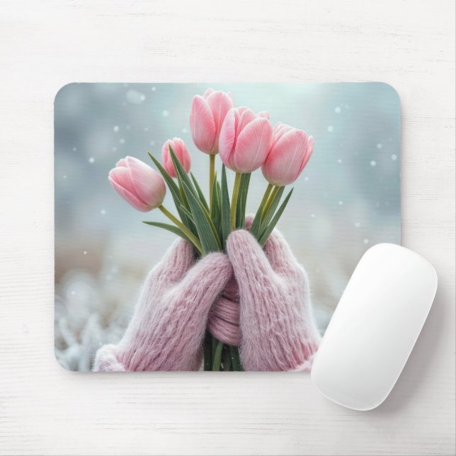 Pink Gloves Holding Tulip Bunch Mouse Pad (With Mouse)