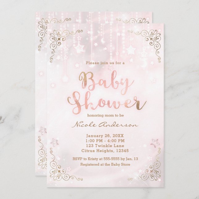 Pink Glow & Gold Celestial Sparkle Baby Shower Invitation (Front/Back)