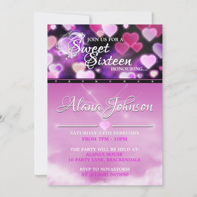 Pink Glow Hearts Sweet 16 Birthday Invitations (Front)