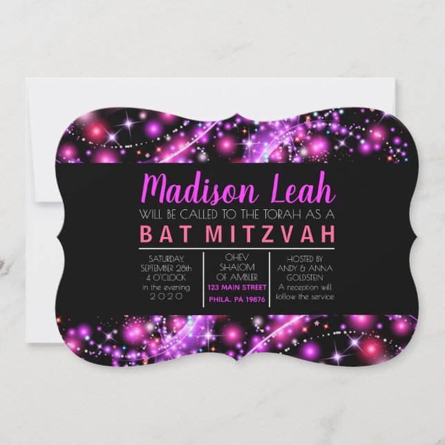 PINK GLOWING STARS Bat Mitzvah Invitation (Front)