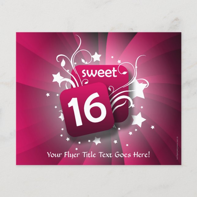 Pink Glowing Swirls and Stars Sweet 16 Flyer (Front)