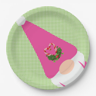 pink gnome christmas green chequered fun festive paper plate