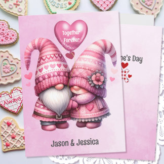 Pink Gnome Valentine Couple Flat Holiday Card