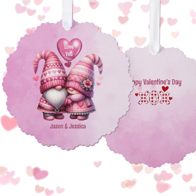 Pink Gnome Valentine Couple Flat Tree Decoration Card (Creator Uploaded)