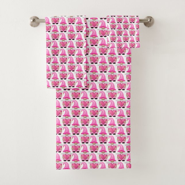 Pink Gnomes Hearts Woodland Scandinavian Cute Bath Towel Set (Insitu)