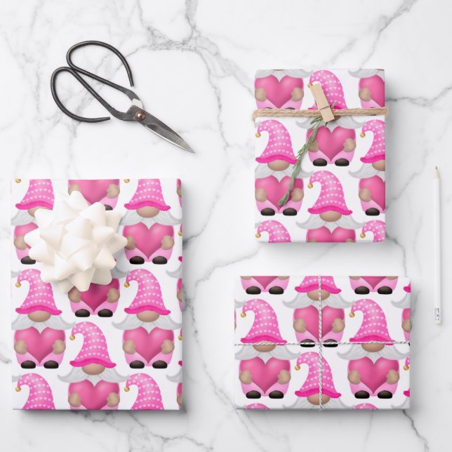 Pink Gnomes Hearts Woodland Scandinavian Cute  Wrapping Paper Sheet (Front)