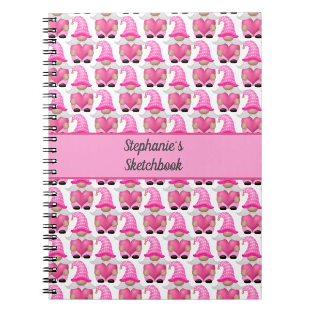 Pink Gnomes Hearts Woodland Sketchbook Cute Notebook (Front)