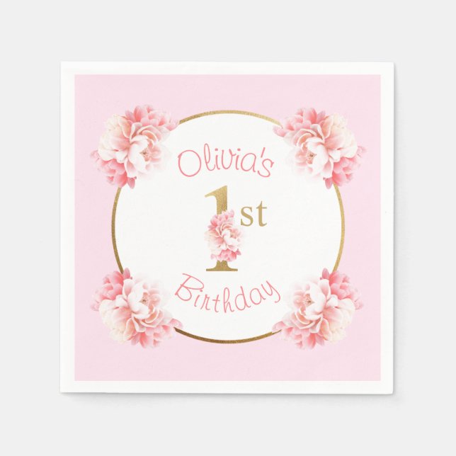 Pink & Gold 1st Birthday Girl Floral Party Napkin (Front)