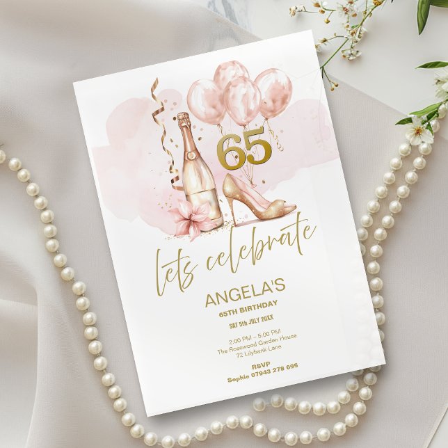 Pink & Gold 65th Birthday, Champagne & Heels Invitation (Creator Uploaded)