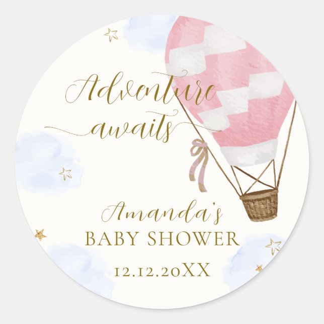 Pink Gold Adventure Hot Air Balloon Baby Shower  Classic Round Sticker (Front)