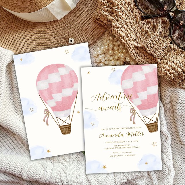 Pink Gold Adventure Hot Air Balloon Baby Shower  Invitation (Pink Gold Adventure Hot Air Balloon Baby Shower Invitation)