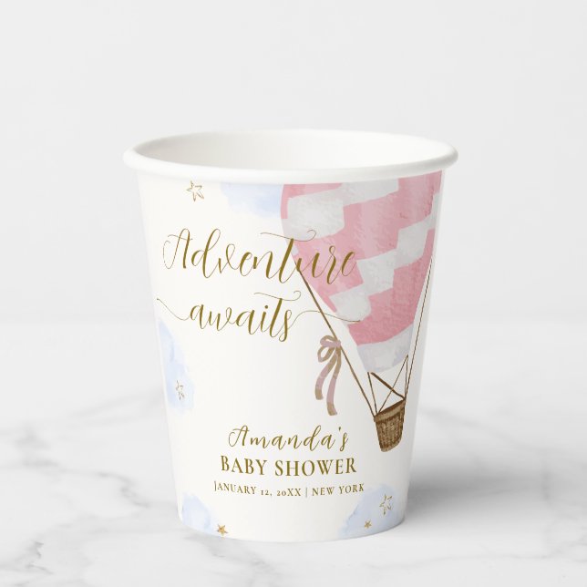 Pink Gold Adventure Hot Air Balloon Baby Shower  Paper Cups (Front)