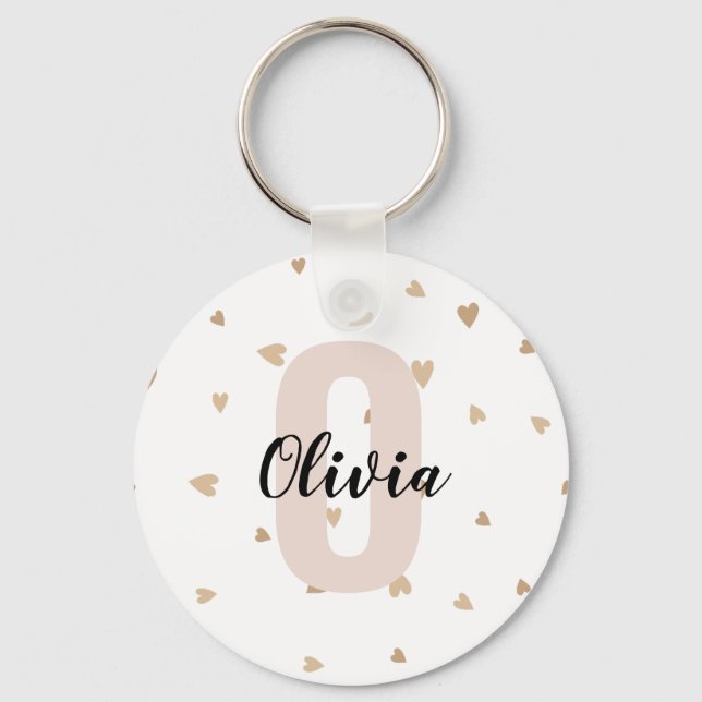 Pink Gold Aesthetic Monagram Name with Hearts Key Ring (Front)