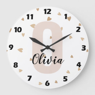 Pink Gold Aesthetic Monagram Name with Hearts Large Clock
