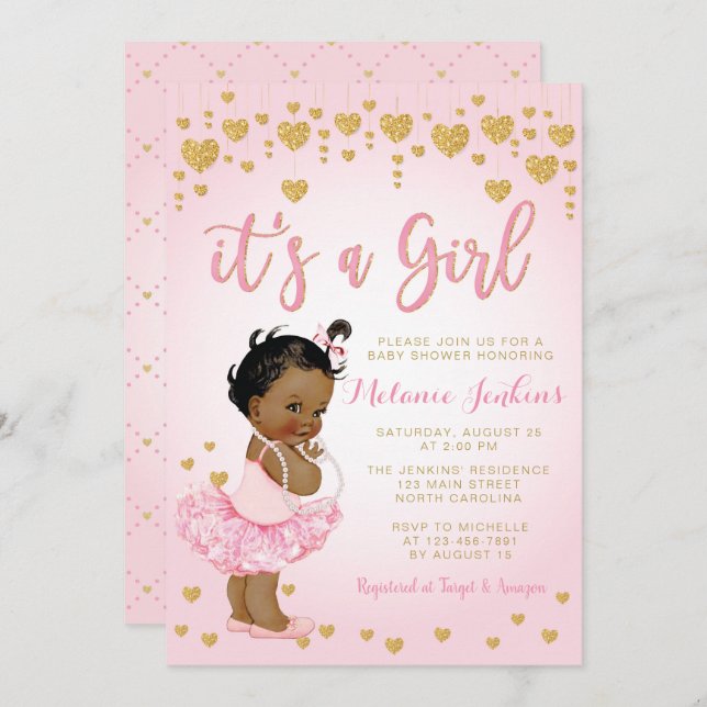 Pink Gold African American Baby Shower Invitation (Front/Back)