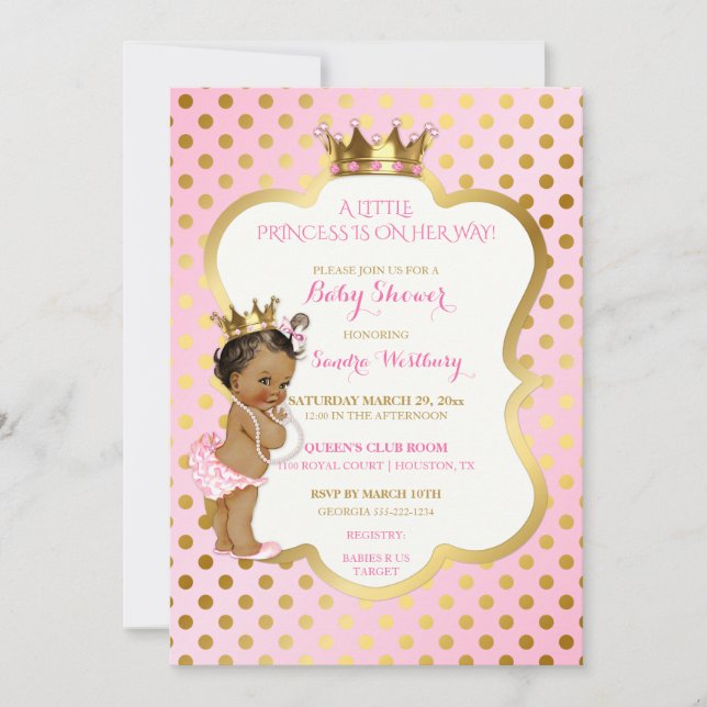 Pink & Gold African American Princess Baby Girl Invitation (Front)