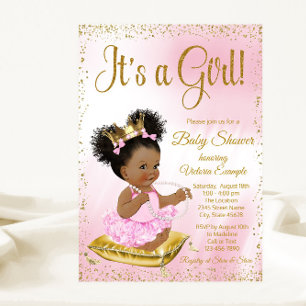 Pink Gold African American Princess Baby Shower Invitation