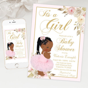 Pink Gold African Princess Tutu Baby Shower Invitation