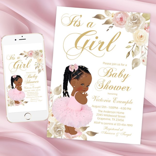Pink Gold African Princess Tutu Baby Shower Invitation (Pink Gold African Princess Baby Shower Invitation. Instant download - printed invitations available.)