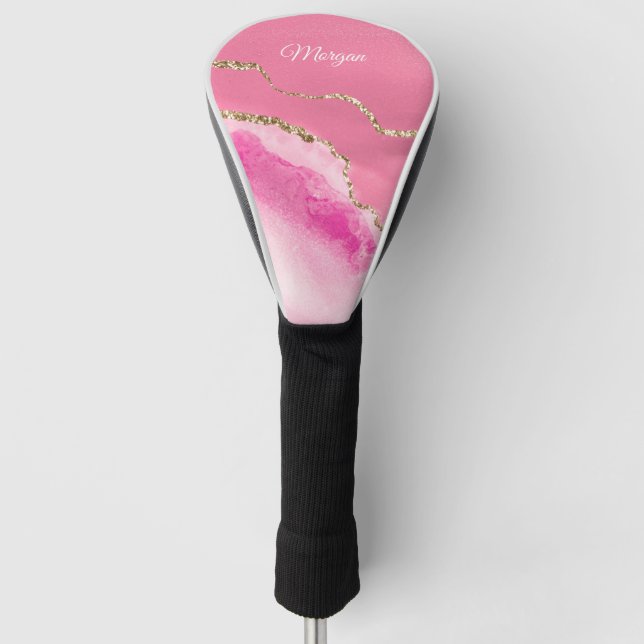 Pink & Gold Agate, DIY Name White Script Golf Head Cover (Front)
