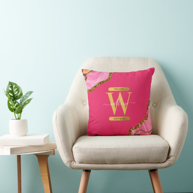 Pink & Gold Agate Geode Glitter Monogram Cushion (Chair)