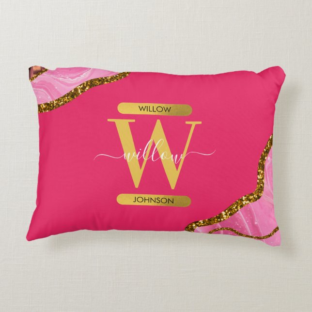 Pink & Gold Agate Geode Glitter Monogram Decorative Cushion (Back)