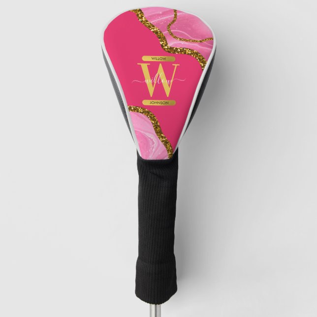 Pink & Gold Agate Geode Glitter Monogram  Golf Head Cover (Front)