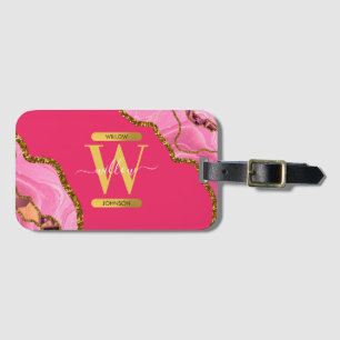 Pink & Gold Agate Geode Glitter Monogram Luggage Tag