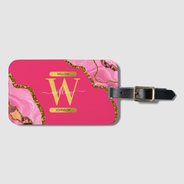 Pink & Gold Agate Geode Glitter Monogram Luggage Tag (Front Horizontal)