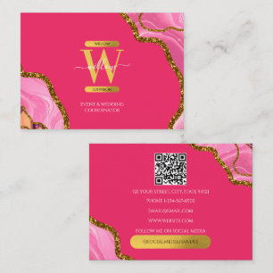 Pink Gold Agate Geode Glitter Monogram QR Code Business Card