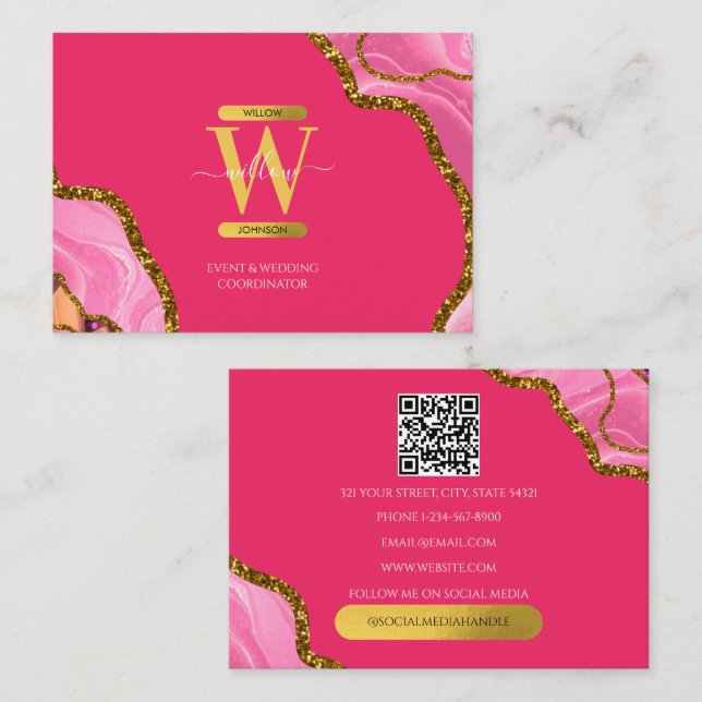 Pink Gold Agate Geode Glitter Monogram QR Code Business Card (Front/Back)