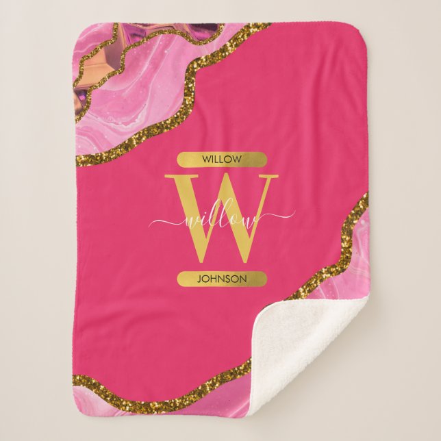 Pink & Gold Agate Geode Glitter Monogram  Sherpa Blanket (Front)