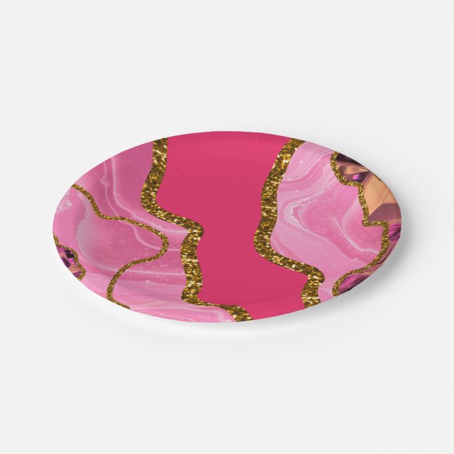 Pink & Gold Agate Geode Glitter Paper Plate (Angled)