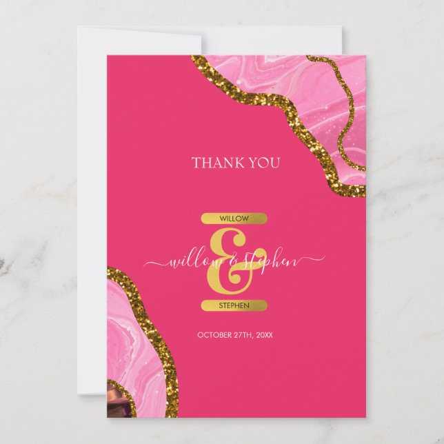 Pink & Gold Agate Geode Glitter Wedding  Thank You Card (Front)