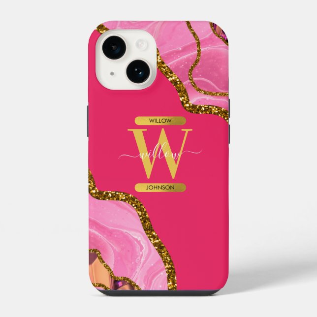 Pink & Gold Agate Geode Monogram   iPhone Case (Back)