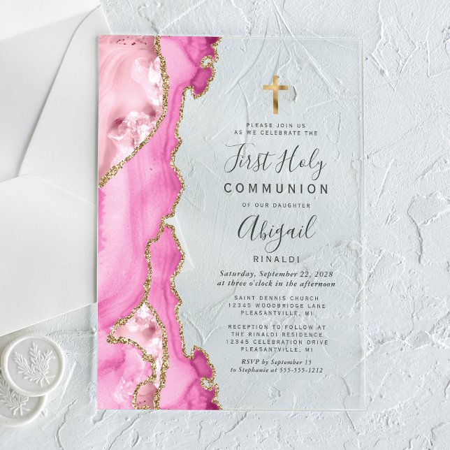 Pink Gold Agate Girls First Holy Communion Acrylic Invitations (Creator Uploaded)