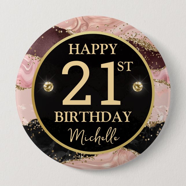 Pink Gold Agate Glitter Birthday Badge (Front)