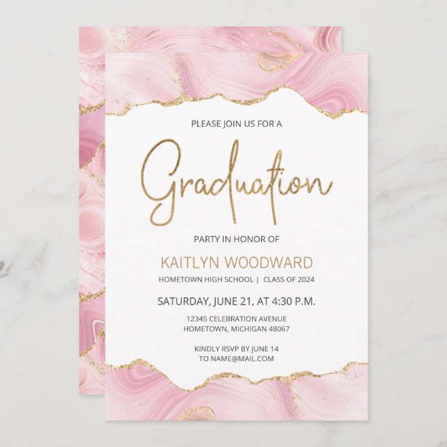 Pink Gold Agate Graduation Party Invitation (Front/Back)