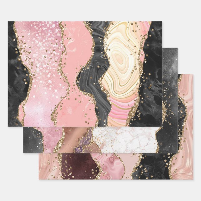 Pink Gold Agate Marble Glitter Abstract Design Wrapping Paper Sheet (Set)