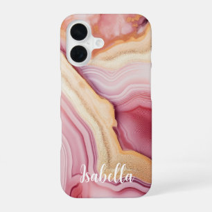 Pink Gold Agate Modern Stylish Name iPhone 16 Case