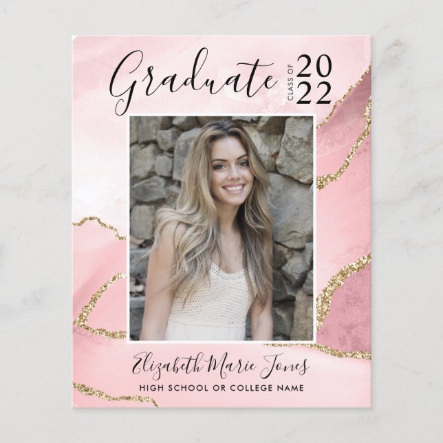 Pink Gold Agate Photo Graduation Announcement (Front)